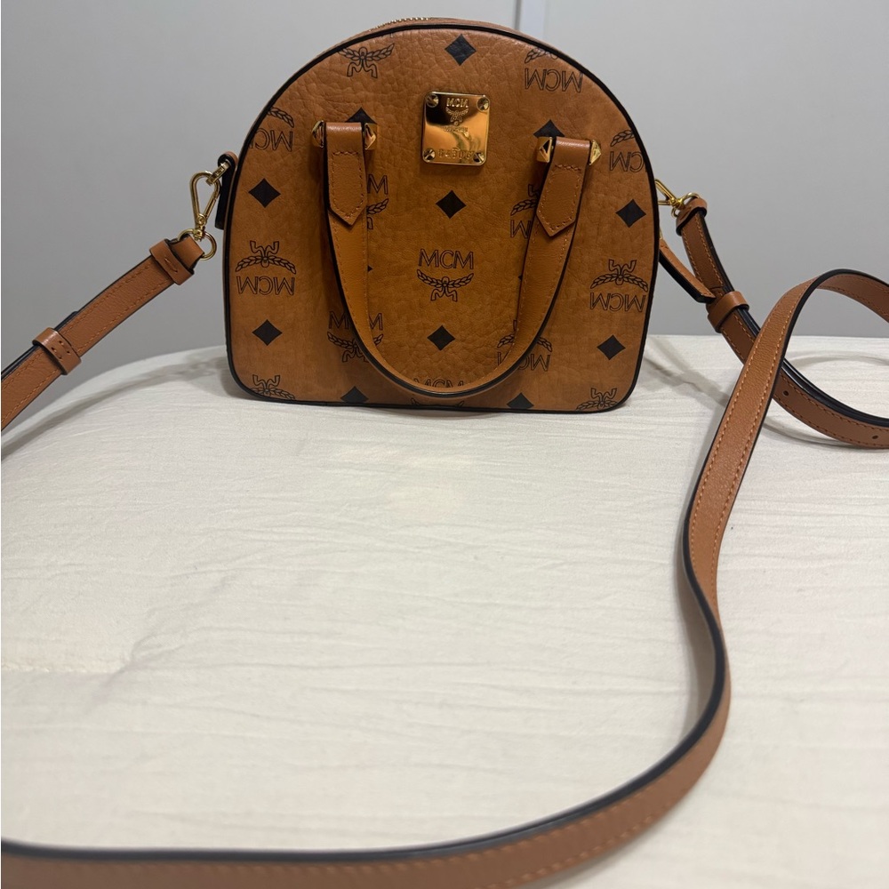 MCM Cognac Visetos Dome Satchel with Gold Hardware